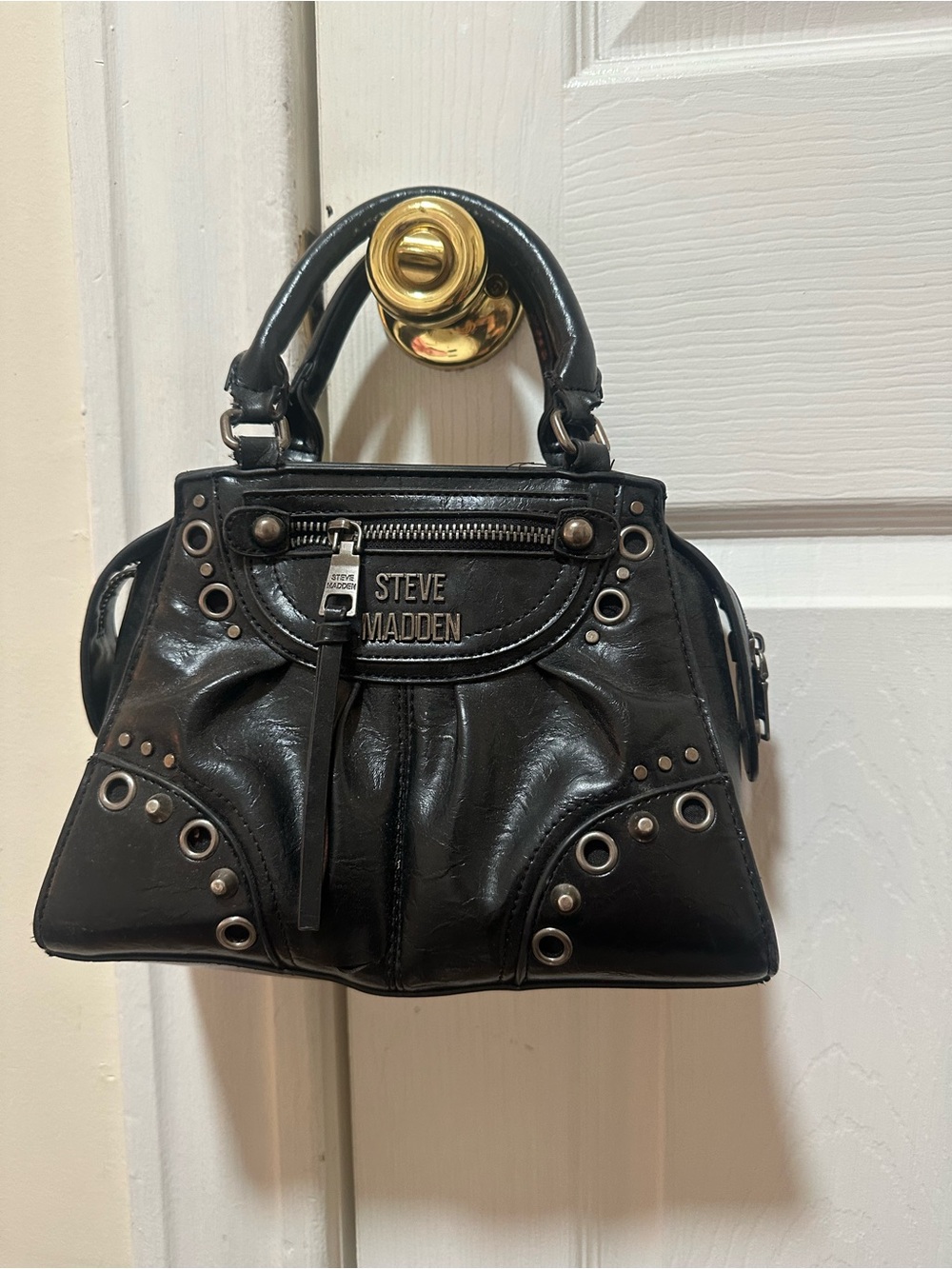 Steve Madden Black Leather Eyelet-Accented Satchel